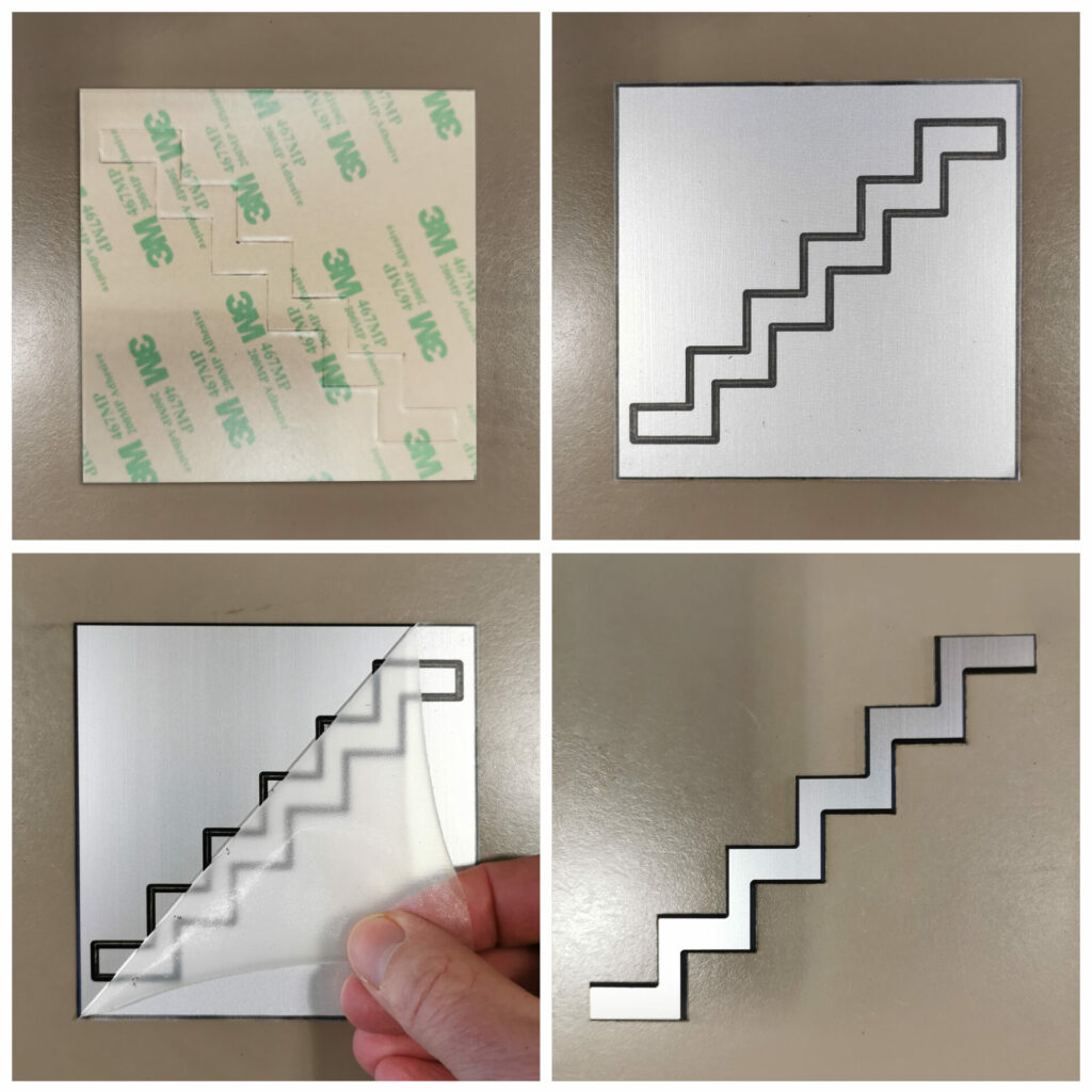 Présentation process picto escalier découpé en metallex alu brossé adhésivé 100x100mm